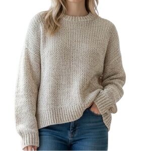 Eileen Fisher Organic Cotton Sweater Cream Tan Variegated Size M Crew neck Boxy